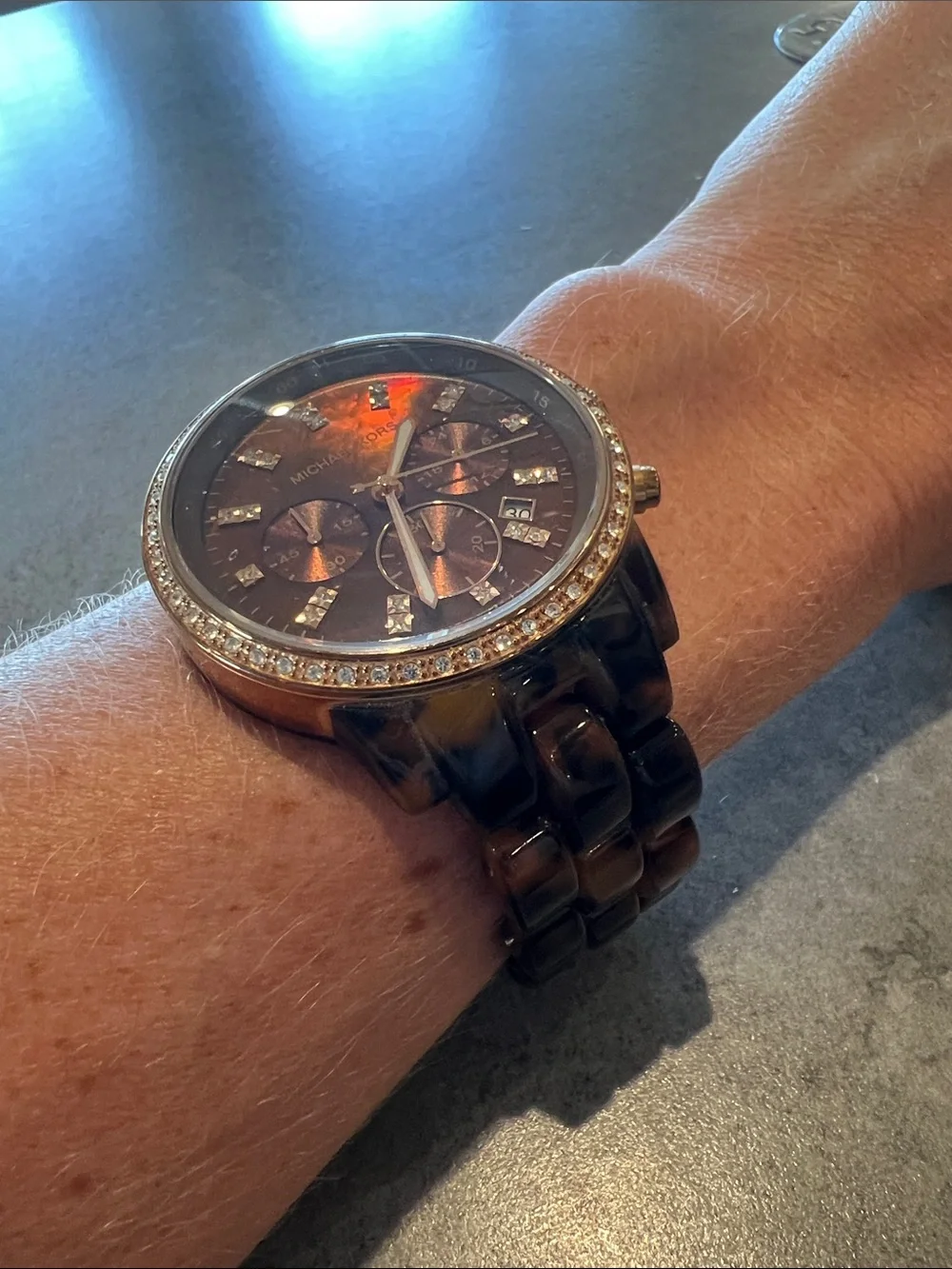 Michael Kors Brown Tortoiseshell Crystal-Trim Chronograph Watch